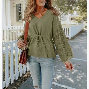 New Lace Bell Sleeve Casual Knit Peplum Blouse